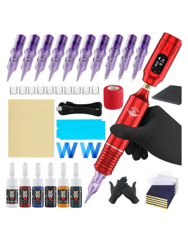 Kit de Máquina de Tatuaje Inalámbrica Ybeauty 45 Piezas Rojo