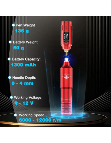 Kit de Máquina de Tatuaje Inalámbrica Ybeauty 45 Piezas Rojo