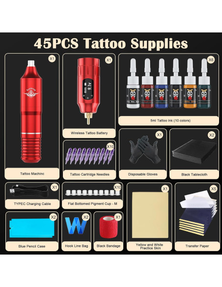 Kit de Máquina de Tatuaje Inalámbrica Ybeauty 45 Piezas Rojo Kit de Máquina de Tatuaje Inalámbrica Ybeauty 45 Piezas Rojo