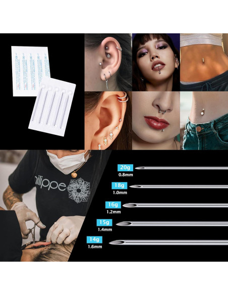 14 Agujas de Piercing Estériles DJCIW Acero Inoxidable Mixto