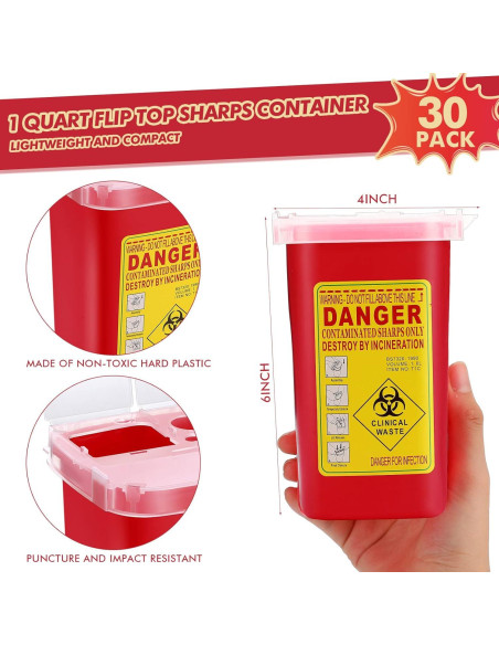 30 Contenedores de Desechos Cortantes Chumia 1 Quart Rojo