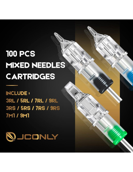 100 Agujas de Cartucho para Tatuaje Jconly Mezcladas 3RL 5RL 7RL 9RL