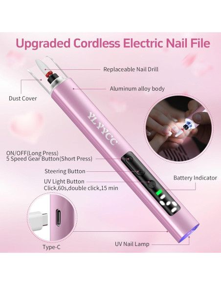 Taladro de Uñas Inalámbrico YLYYCC Rosa con Lámpara UV