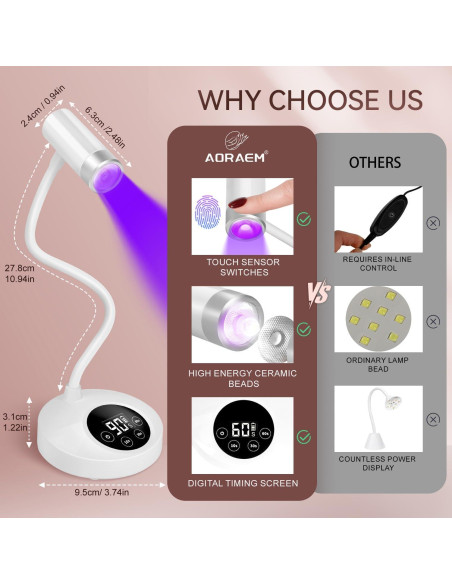 Lámpara de Uñas UV LED AORAEM Recargable 12W Cuello de Ganso