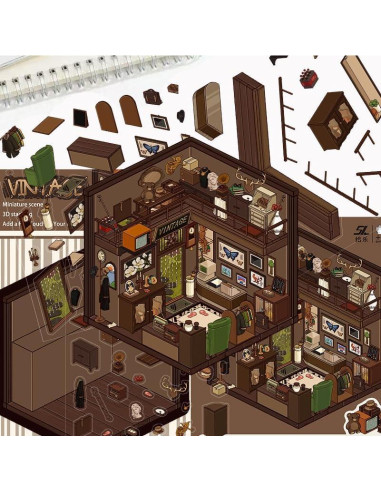 Set de 6 Hojas Stickers 3D YOKSAS - Escenas Miniatura Vintage