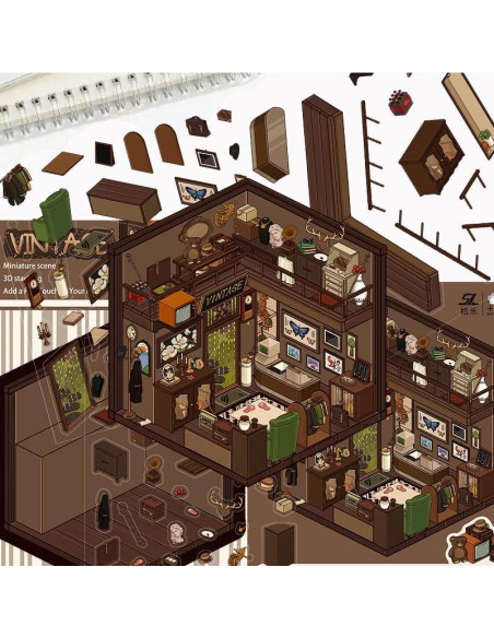 Set de 6 Hojas Stickers 3D YOKSAS - Escenas Miniatura Vintage