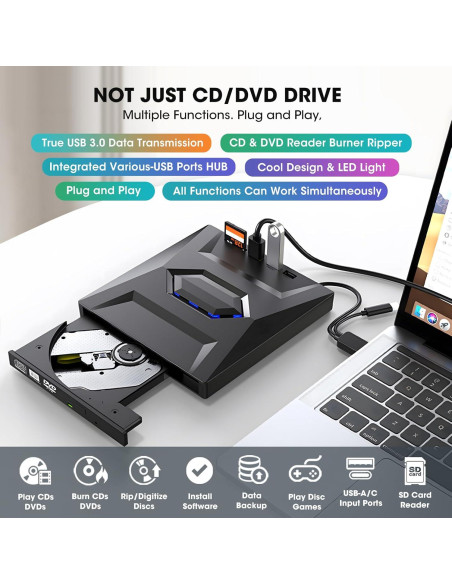 Unidad Externa CD/DVD ROOFULL 6 en 1 con Funda de Transporte