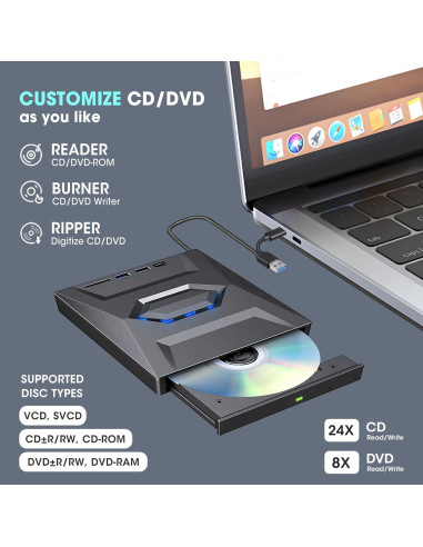 Unidad Externa CD/DVD ROOFULL 6 en 1 con Funda de Transporte
