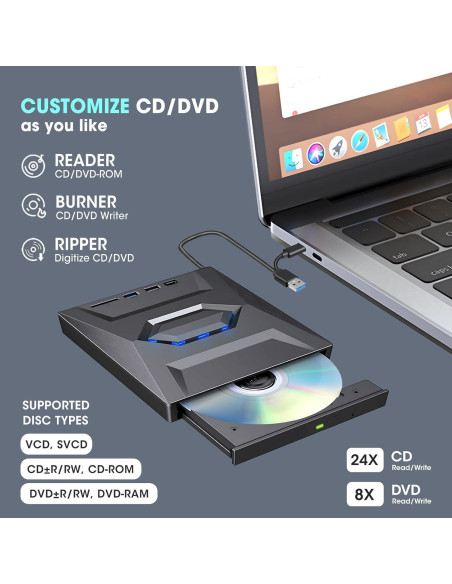 Unidad Externa CD/DVD ROOFULL 6 en 1 con Funda de Transporte