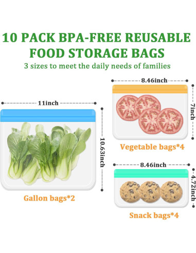 10 Bolsas de Almacenamiento de Alimentos de Silicona Frenflu