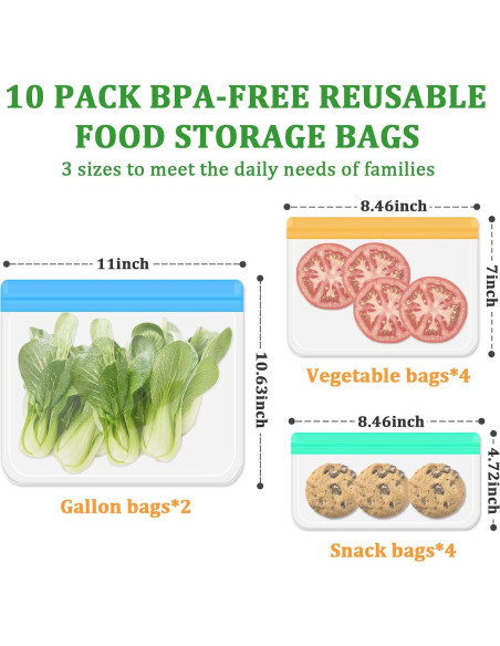 10 Bolsas de Almacenamiento de Alimentos de Silicona Frenflu