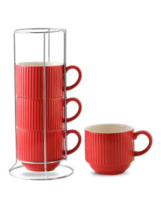 Juego de 4 Tazas de Café Rojas Hasense 15 oz Cerámica Apilables