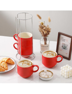 Juego de 4 Tazas de Café Rojas Hasense 15 oz Cerámica Apilables 2