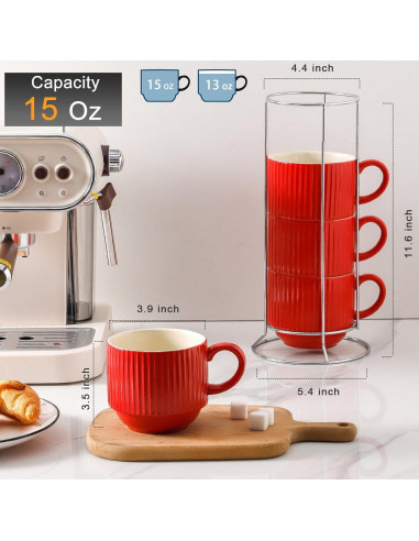 Juego de 4 Tazas de Café Rojas Hasense 15 oz Cerámica Apilables