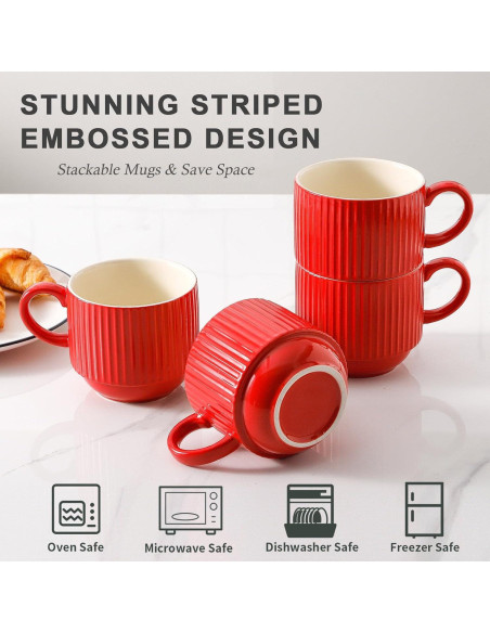 Juego de 4 Tazas de Café Rojas Hasense 15 oz Cerámica Apilables