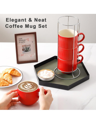 Juego de 4 Tazas de Café Rojas Hasense 15 oz Cerámica Apilables