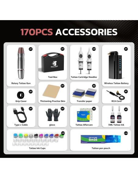 Kit Máquina de Tatuaje Inalámbrica Solong 1500mAH con 20 Agujas Kit Máquina de Tatuaje Inalámbrica Solong 1500mAH con 20 Agujas