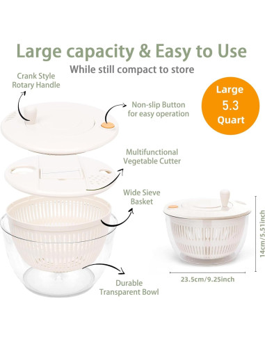Centrifugador de Ensaladas Sayihexihe 5.3QT Multifuncional