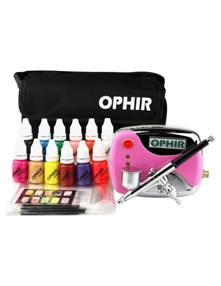 Kit Aerógrafo para Uñas OPHIR Rosa con 12 Tintas y Compresor