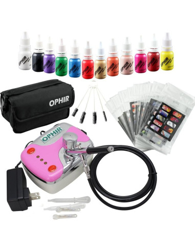 Kit Aerógrafo para Uñas OPHIR Rosa con 12 Tintas y Compresor