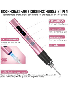 Bolígrafo Eléctrico de Grabado URPIRE Rosa 37 Puntas Inalámbrico 2