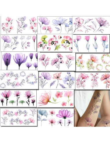 Tatuajes Temporales Tazimi 16 Hojas Flores Acuarela Mujer
