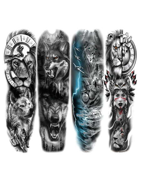 Manga Completa Tatuaje Temporal León Lobo Briyhose 4 Hojas