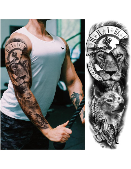 Manga Completa Tatuaje Temporal León Lobo Briyhose 4 Hojas