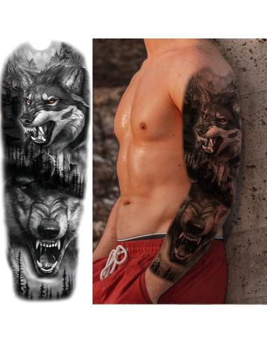 Manga Completa Tatuaje Temporal León Lobo Briyhose 4 Hojas