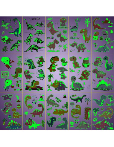 15 Hojas Tatuajes Temporales Brillantes Dinosaurios FANRUI