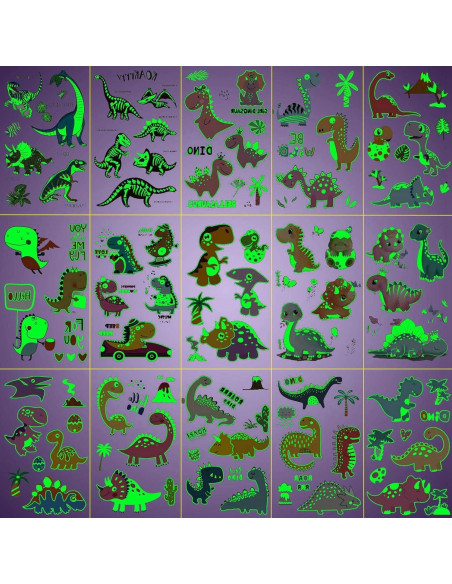 15 Hojas Tatuajes Temporales Brillantes Dinosaurios FANRUI