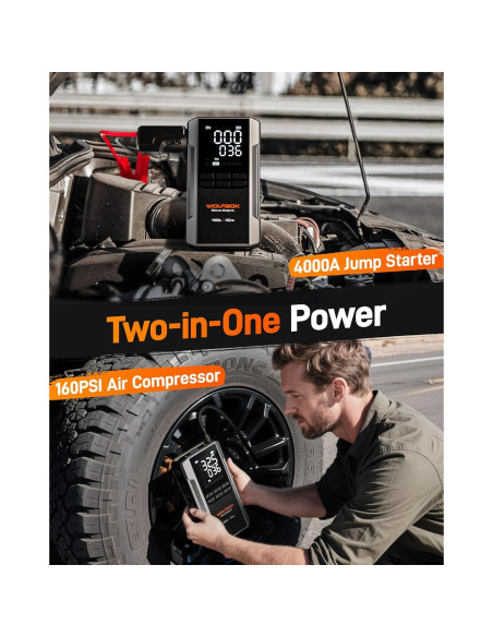 Arrancador de Salto WOLFBOX 4000A con Compresor de Aire 24000mAh