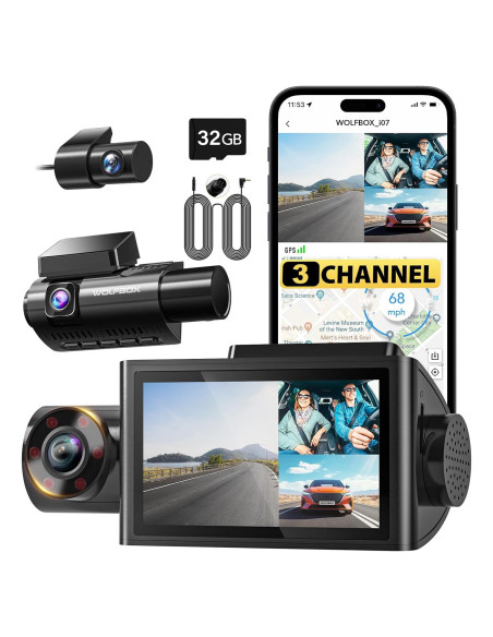Cámara de Salpicadero WOLFBOX i07 3 Canales HD + Cable 10m