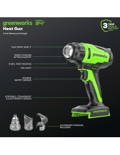 Pistola de Calor Greenworks 24V con Batería 4Ah y Cargador 2