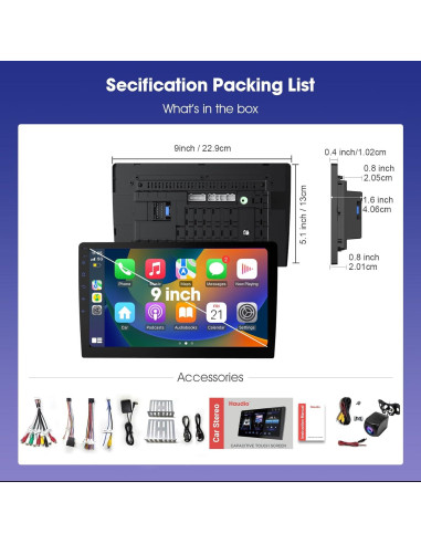 Estéreo Doble Din Haudio 9" CarPlay Inalámbrico y GPS