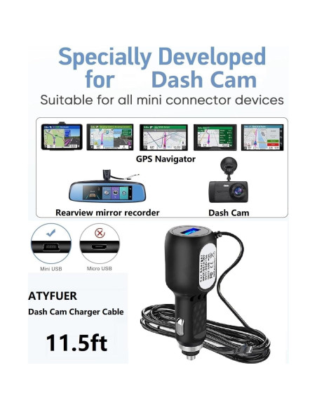 Cable de Carga Mini USB ATYFUER para Dash Cam y GPS 3.5m