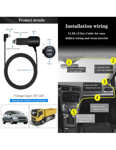 Cable de Carga Mini USB ATYFUER para Dash Cam y GPS 3.5m