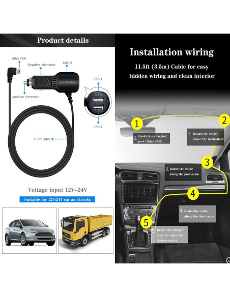Cable de Carga Mini USB ATYFUER para Dash Cam y GPS 3.5m