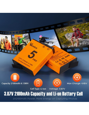Cargador Doble Vemico para Baterías OSMO Action 5 Pro 2100mAh
