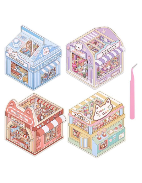 4 Sets Stickers 3D Miniatura Tienda de Mascotas icceemee