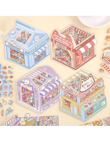 4 Sets Stickers 3D Miniatura Tienda de Mascotas icceemee