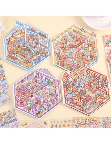 4 Sets Stickers 3D Miniatura Tienda de Mascotas icceemee