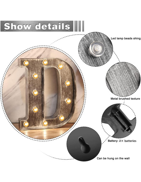 Letra Iluminada Vintage Glintee D Plateada 22cm Decoración