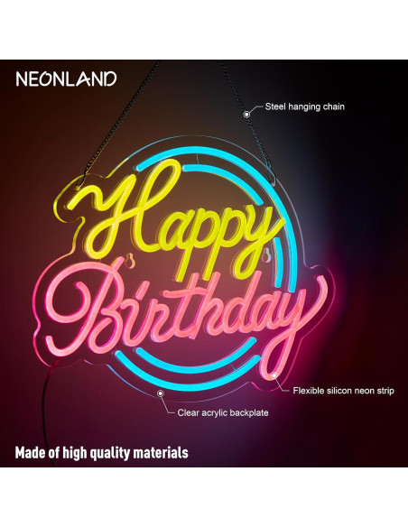 Letrero de Neón Feliz Cumpleaños NEONLAND 43x30.5cm USB