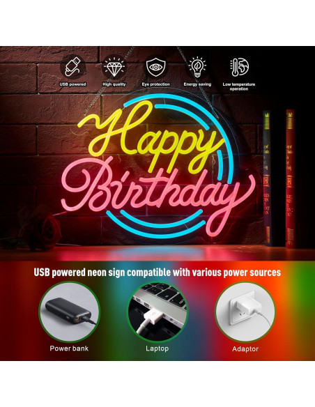 Letrero de Neón Feliz Cumpleaños NEONLAND 43x30.5cm USB
