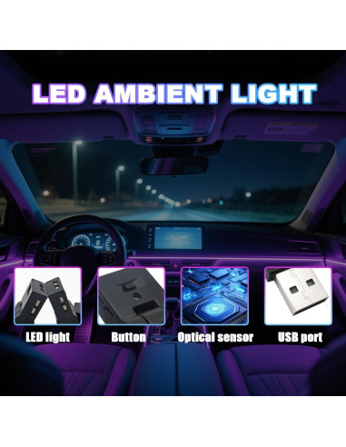 2PCS Luz LED USB para Coche Sandfren, 7 Colores RGB Ajustable