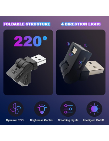 2PCS Luz LED USB para Coche Sandfren, 7 Colores RGB Ajustable