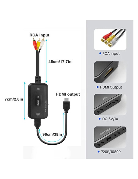 Convertidor RCA a HDMI Botee 1080p con Cables Incluidos