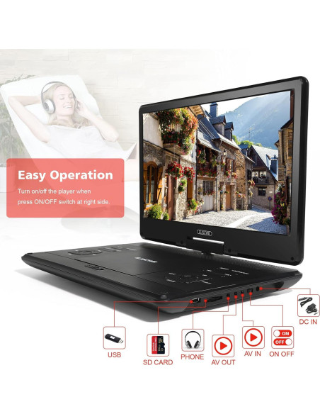Reproductor de DVD Portátil PJGCWB 14.1" Pantalla HD Batería 4-6h