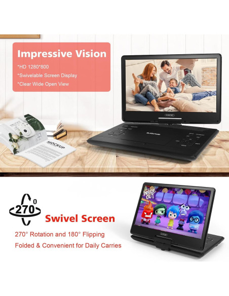 Reproductor de DVD Portátil PJGCWB 14.1" Pantalla HD Batería 4-6h